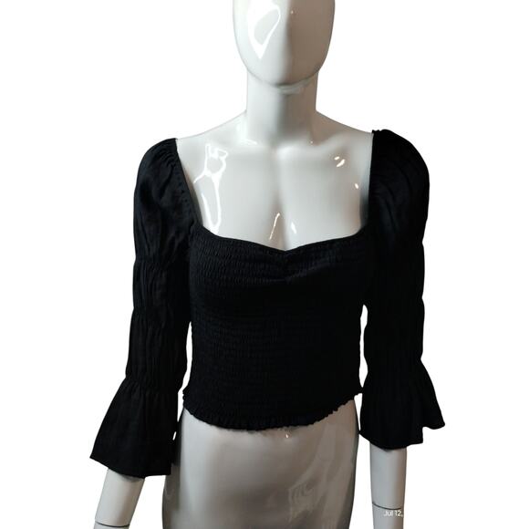 Lulus Women's size M Savia Black Smocked Puff Sleeve Crop Whimsigoth Witchy Top - Picture 10 of 12